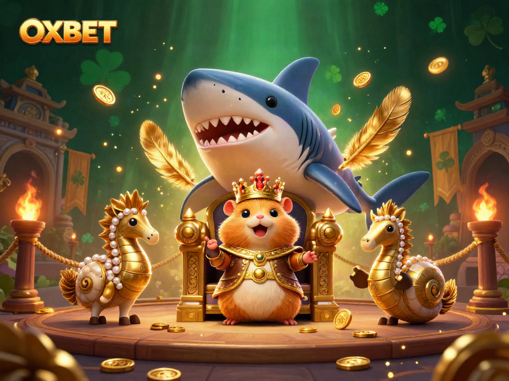 Join the adventure at OXBET with a dynamic scene featuring a golden hamster king and seahorse guards among vibrant casino elements.
