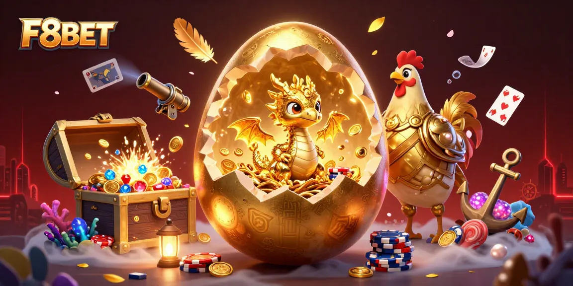 Engage in thrilling gaming adventures at F8BET with golden dragon and poker chips illustration.
