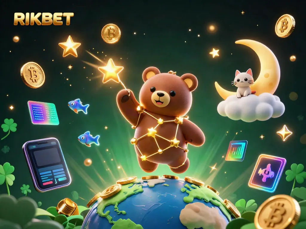 Experience RIKBET's exciting casino atmosphere with golden coins and gaming stars.