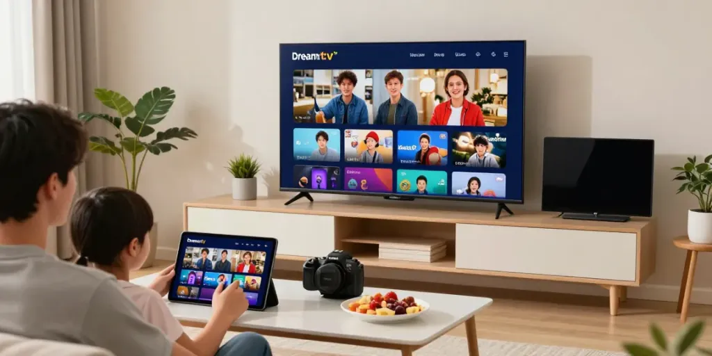 Familie genießt Dreamtv iptv auf Smart TV, Tablet und Smartphone in komfortablem Wohnzimmer.
