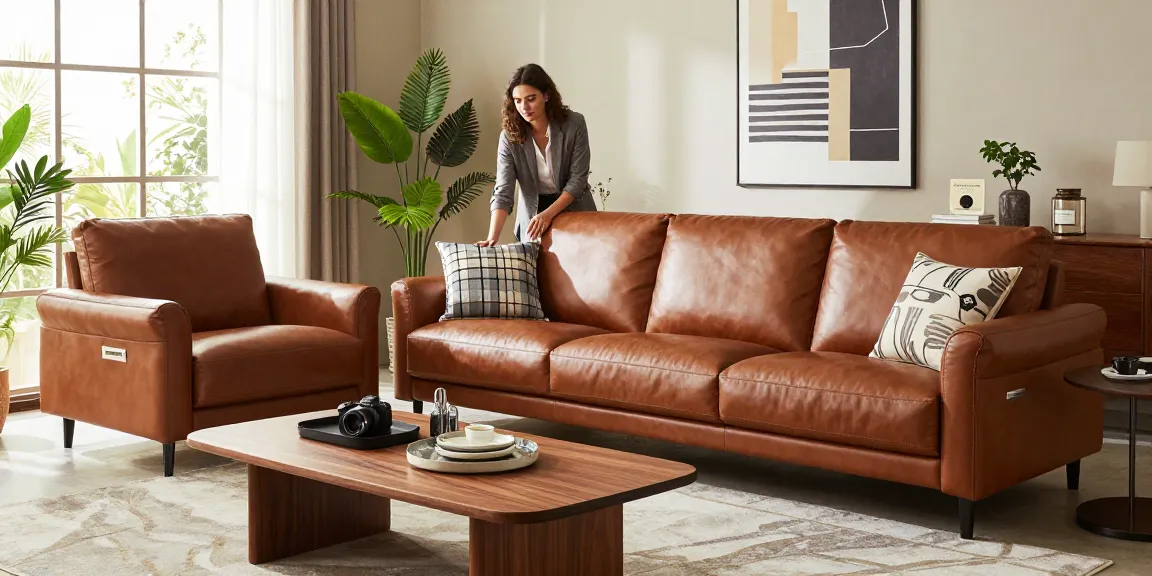 Ein beeindruckendes Baxter Ledersofa, geschmückt mit dekorativen Kissen, in einem stilvollen Wohnzimmer.