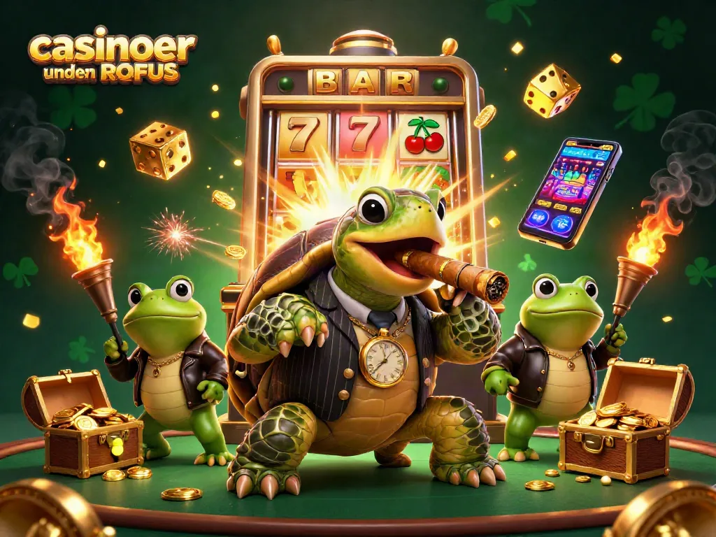 Experience thrilling action at casinoer uden ROFUS with a dynamic turtle and bullfrog characters amid casino elements.