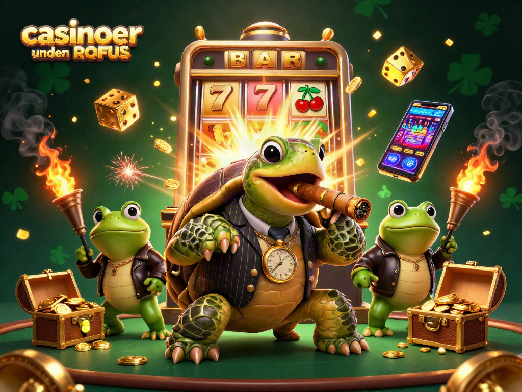 Experience thrilling action at casinoer uden ROFUS with a dynamic turtle and bullfrog characters amid casino elements.