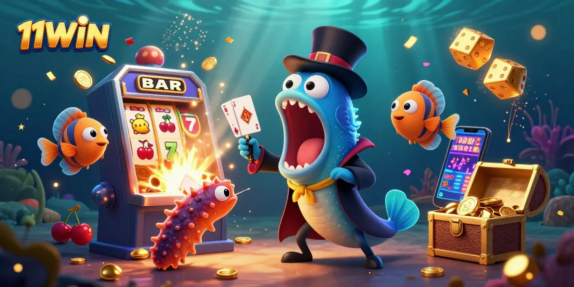 Engaging scene of 11WIN featuring a comedic deep-sea magic act with winning symbols and vibrant casino elements.
