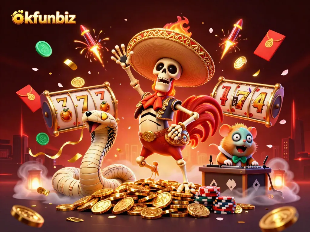 Spin the reels at okfunbiz with a festive scene of a rooster and friends celebrating amidst winning symbols.