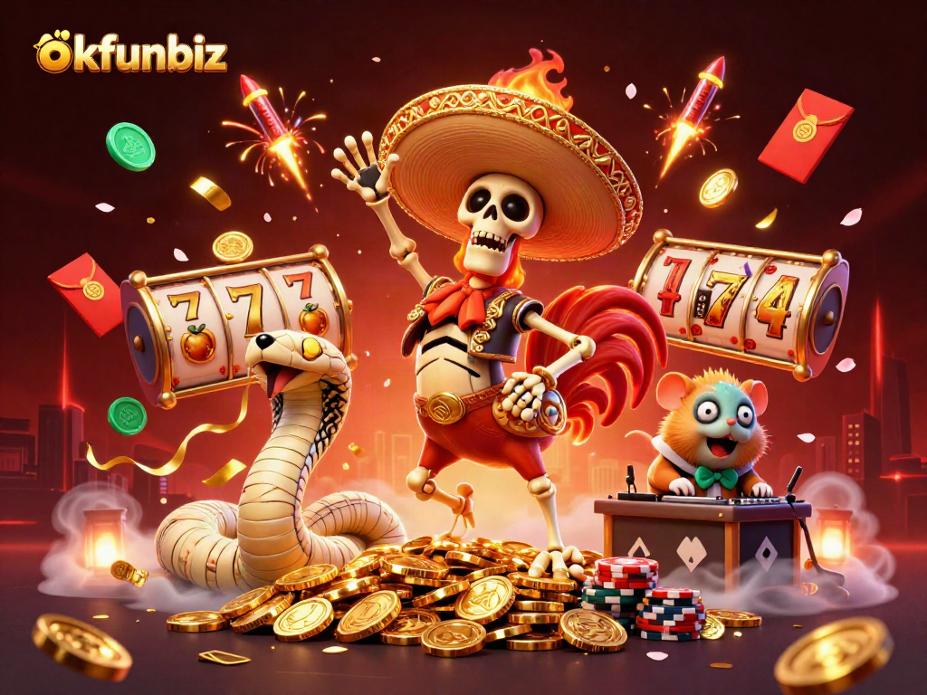 Spin the reels at okfunbiz with a festive scene of a rooster and friends celebrating amidst winning symbols.