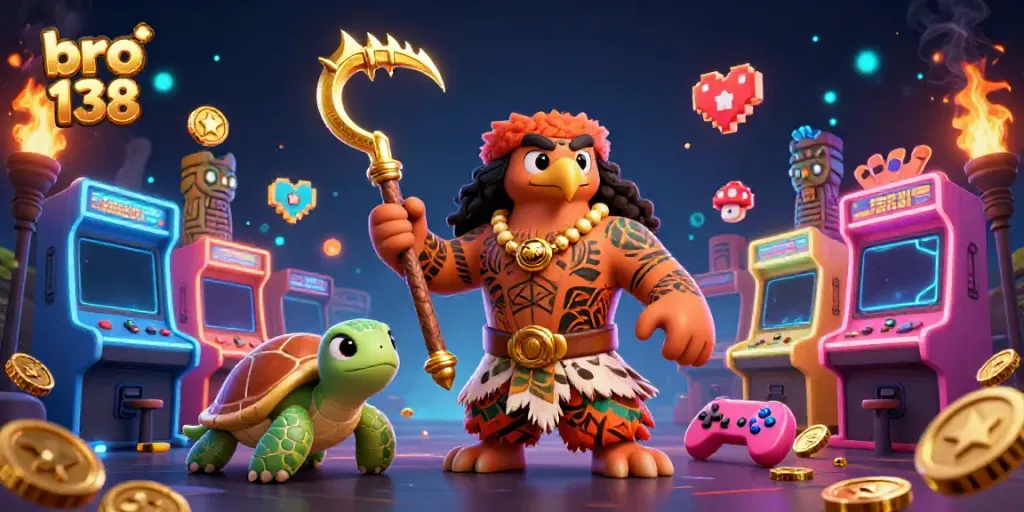Experience excitement with bro 138 as a cartoon demigod and turtle enjoy vibrant casino action.