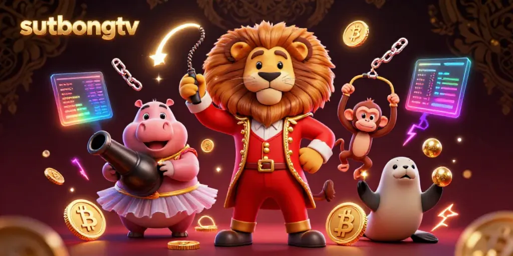 Experience the excitement of gambling with sutbongtv through engaging cartoon characters and crypto symbols.