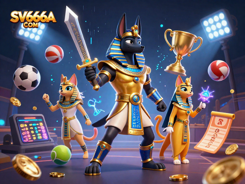 Experience top gaming action with SV666A COM's dynamic gambling scene featuring Anubis and Bastet.