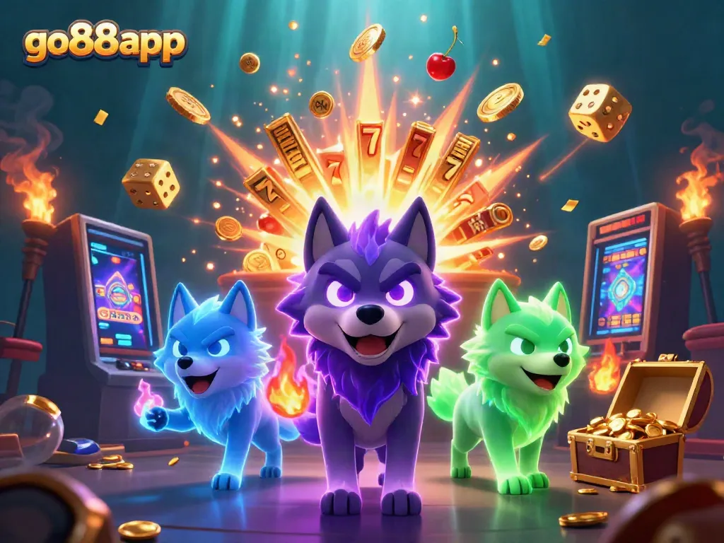 Experience the excitement of go88app with dynamic casino elements and a glowing wolf pack.