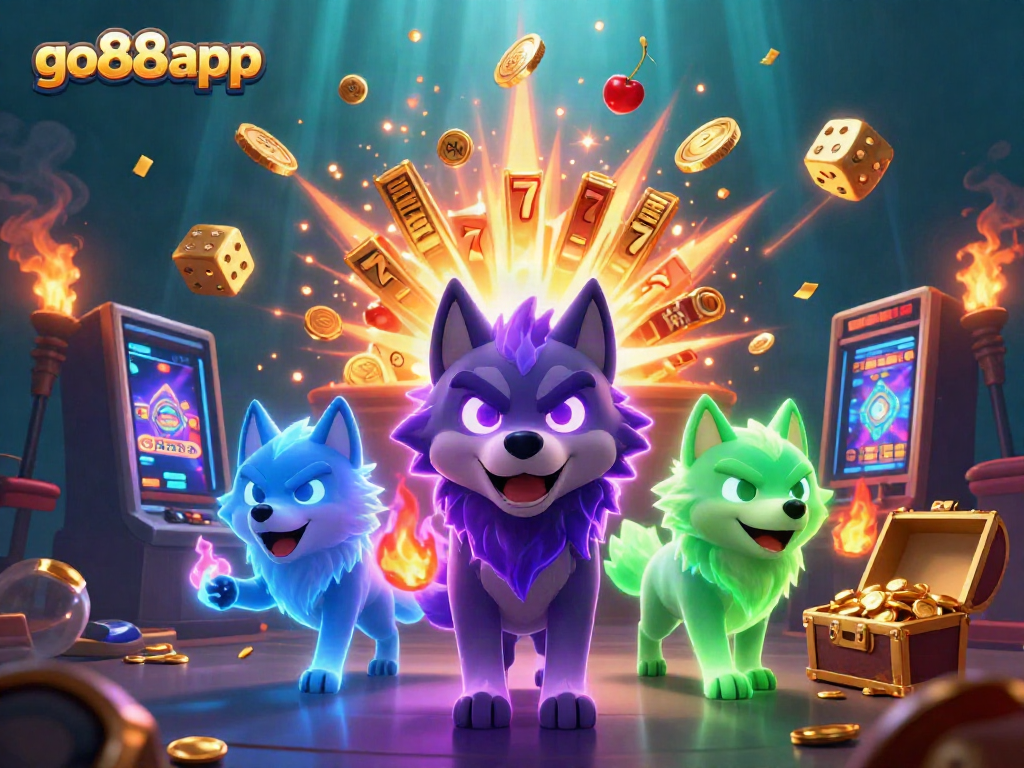 Experience the excitement of go88app with dynamic casino elements and a glowing wolf pack.