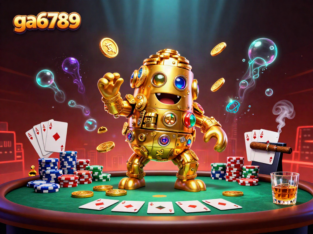 Enjoy thrilling action with ga6789 as you witness colorful poker games and a golden golem amidst vibrant casino elements.