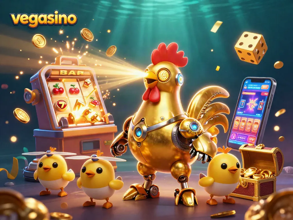 Experience vegasino's vibrant gaming world with a golden rooster robot and chaotic slot action