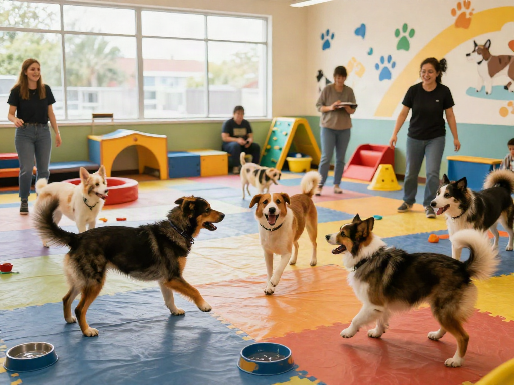 Engaged puppies at a slot depo 10k dog daycare playing with toys and staff.