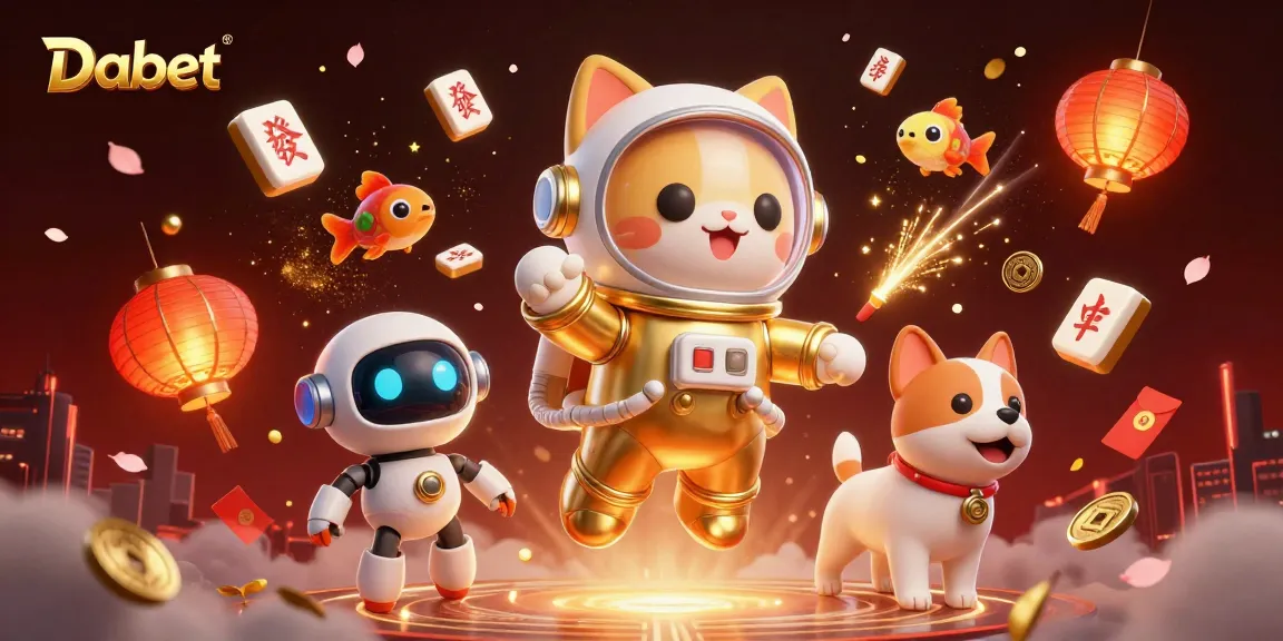 Dabet showcases a vibrant cosmic casino scene with a floating astronaut cat, a rocket-powered dog, and festive game elements.