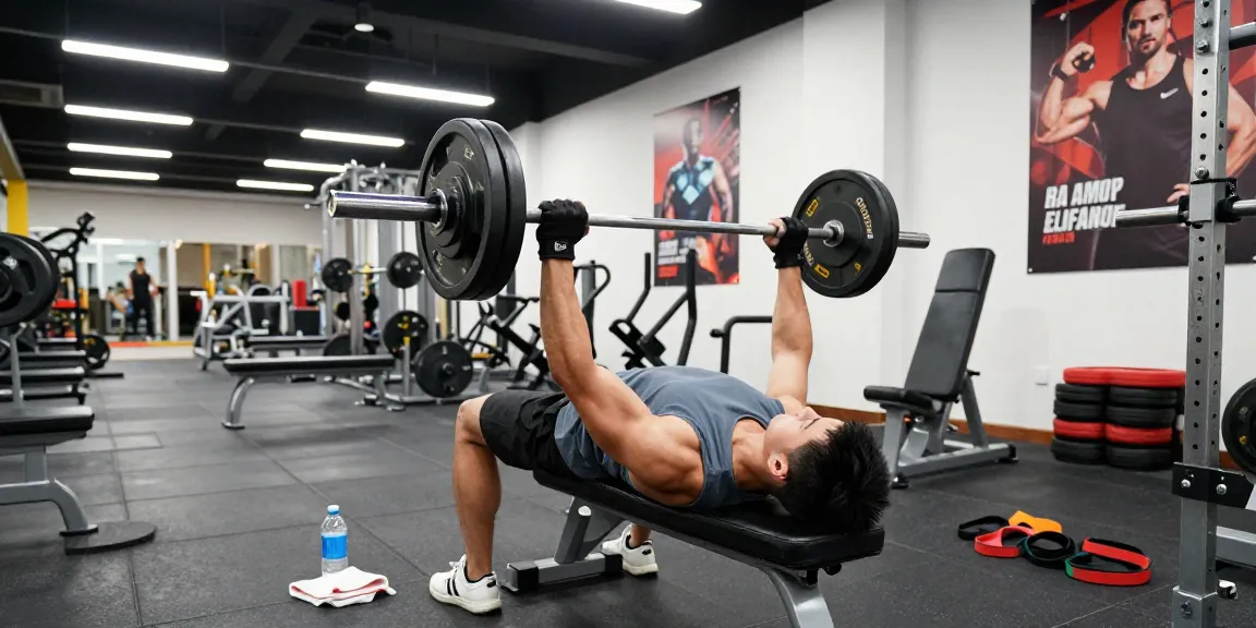 Anabolika Shop Deutschland - Bodybuilder, der in einem lebhaften Fitnessstudio trainiert und die Technik des Bankdrückens mit Gewichten und motivierenden Zitaten zeigt.