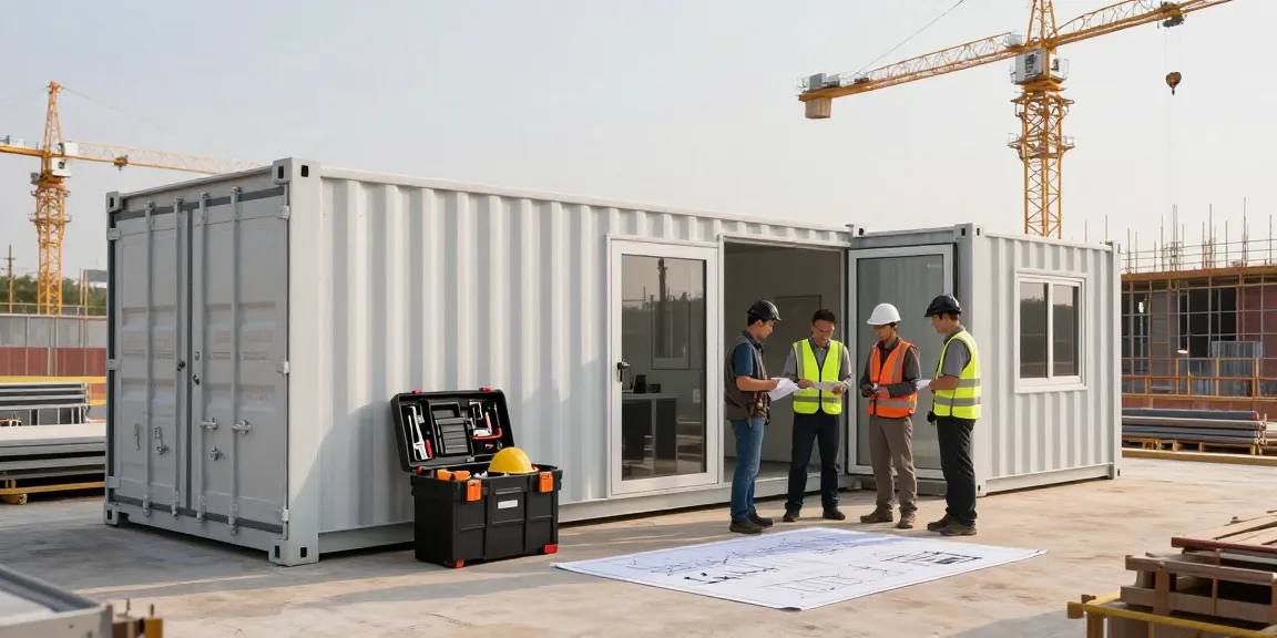 Werkstattcontainer und Bürocontainer auf einer Baustelle mit Handwerkern in Aktion.