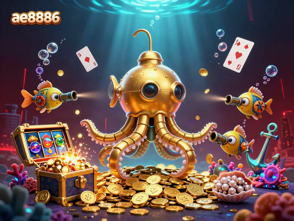 Experience winning levels with ae8886: Dive into thrilling underwater adventures in a vibrant casino backdrop.
