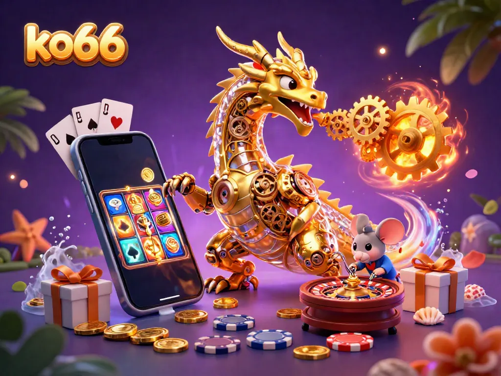 Experience the immersive world of ko66 with a dynamic scene featuring a biomechanical dragon and gambling elements.