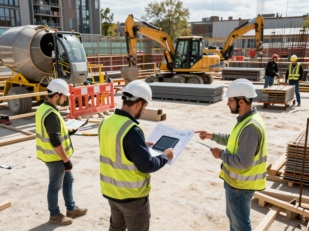 Baugrubensicherung auf einer Baustelle, Arbeiter setzen Sicherheitsmaßnahmen um.