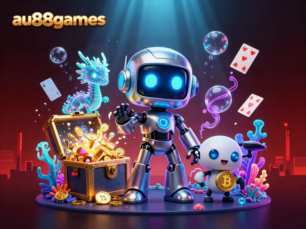 Engage in thrilling action with au88games in a vibrant casino-themed 3D illustration.