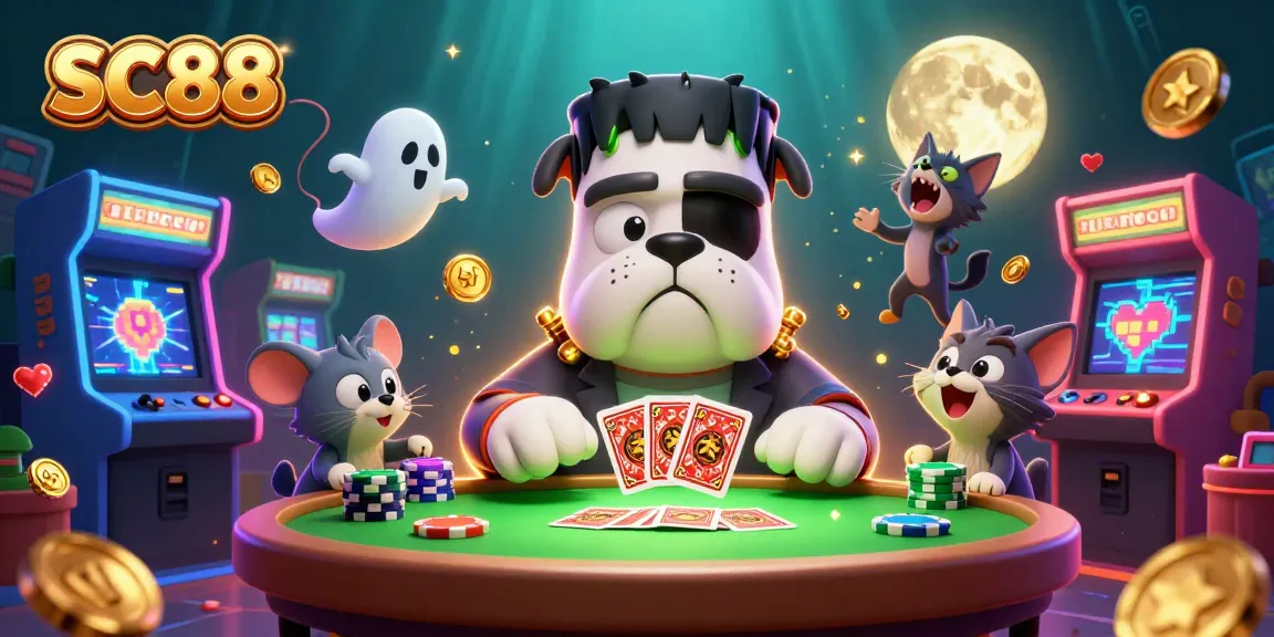 SC88 showcases a vibrant casino scene with cartoon characters in action, capturing the thrill of gambling.