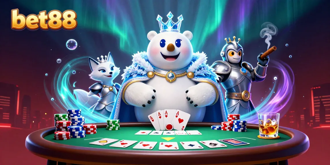 Experience thrilling poker action with bet88's vibrant casino scene featuring colorful chips and characters.