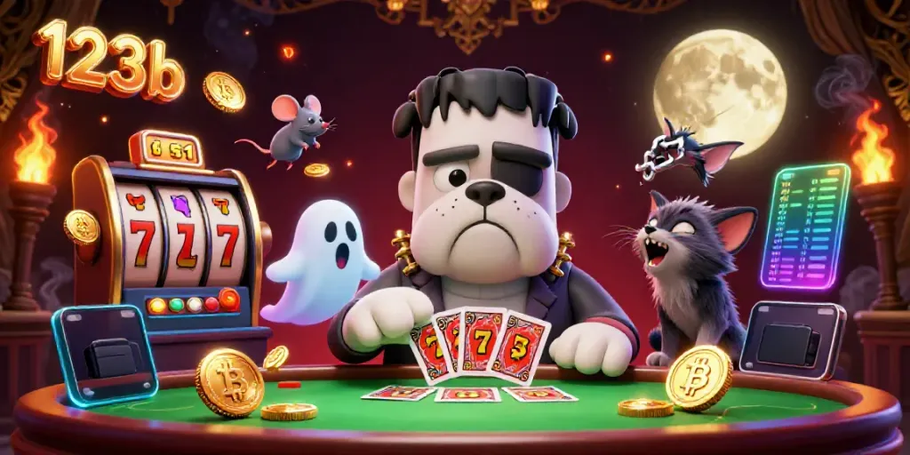 Engaging scene of 123b featuring a Frankenstein bulldog dealing cards among casino elements.