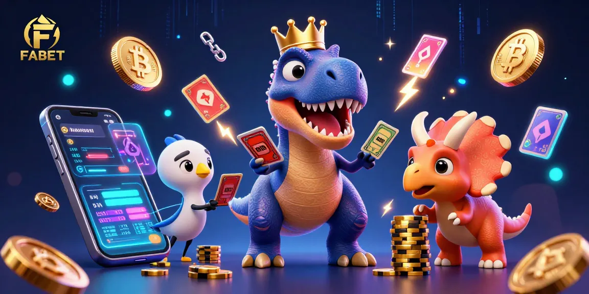 FABET's lively casino scene features a T-Rex shuffling cards, showcasing vibrant crypto elements.
