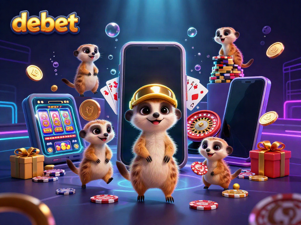 Experience thrilling gameplay with meerkats in a vibrant debet casino-themed illustration.