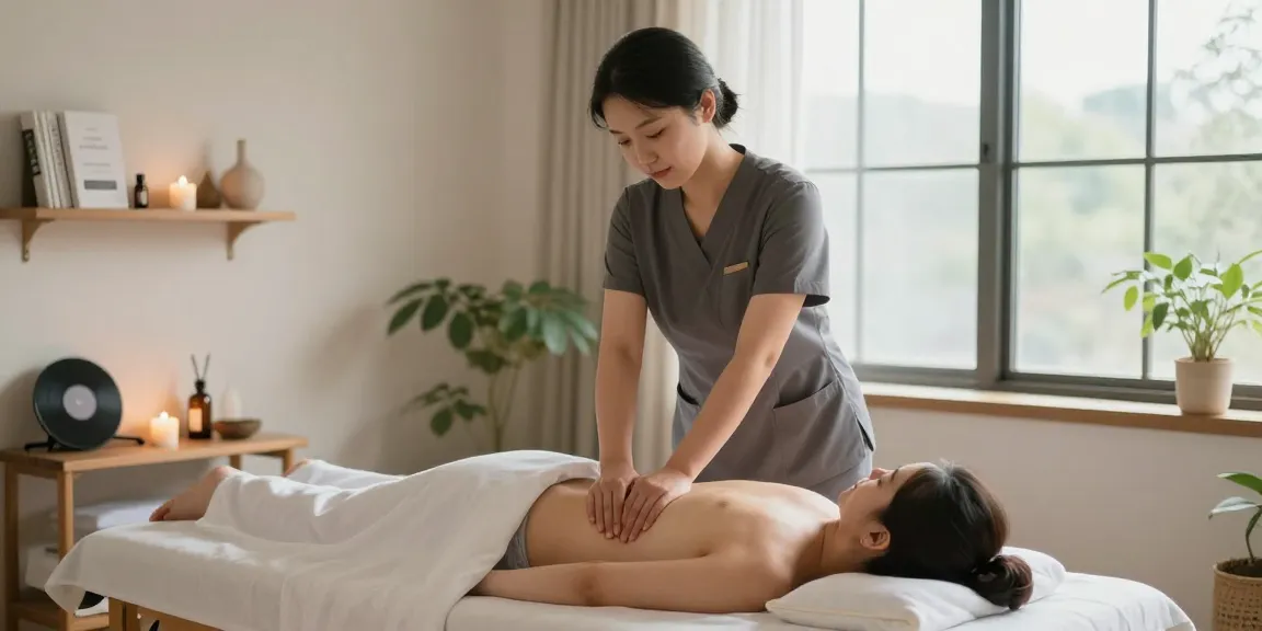 송파출장안마 session featuring a therapist providing a calming Swedish massage in a tranquil home environment with natural light and soothing elements.