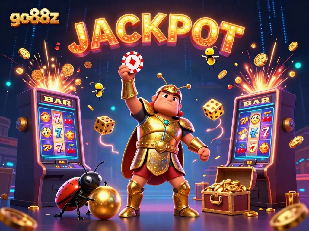Engage in the excitement of go88z with 3D cartoon beetles celebrating a jackpot, showcasing casino thrills.