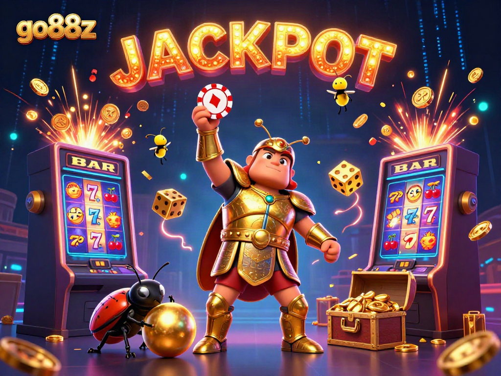 Engage in the excitement of go88z with 3D cartoon beetles celebrating a jackpot, showcasing casino thrills.