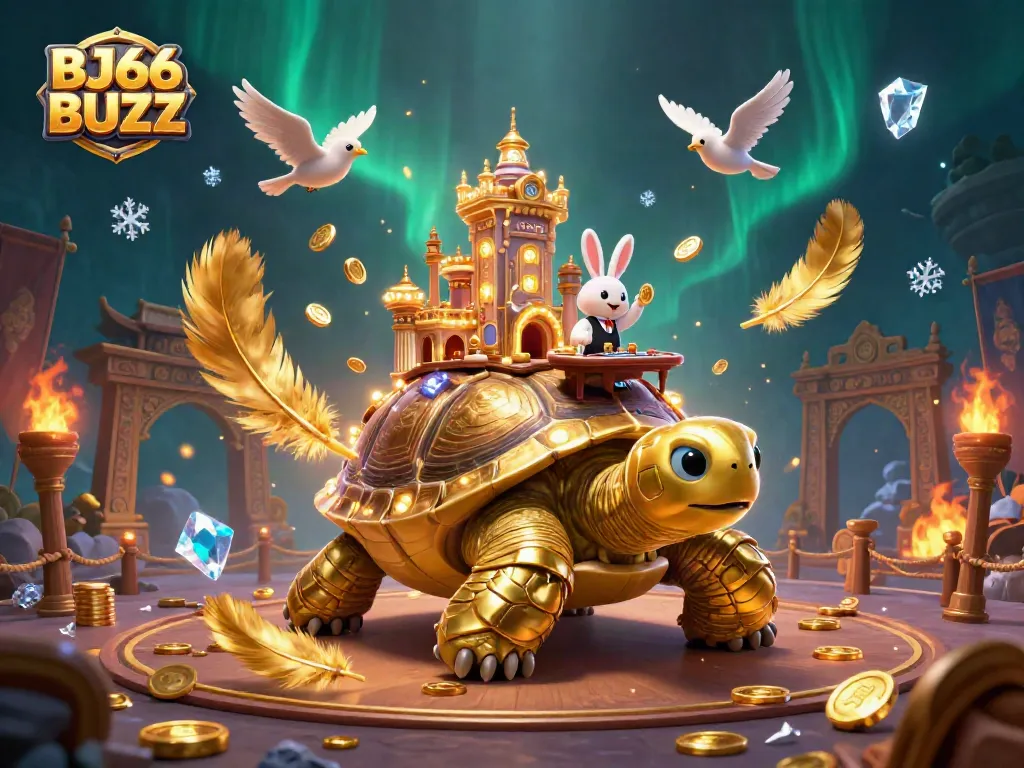 Experience thrilling action at BJ66 BUZZ with the golden tortoise casino illustration, exciting games, and vibrant energy.