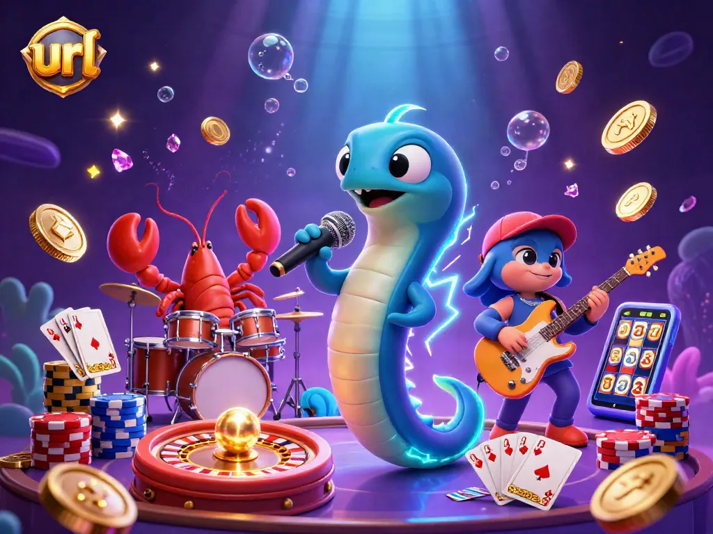 Experience the vibrant underwater casino scene featuring a DJ electric eel, showcasing the url for exciting jackpot opportunities.