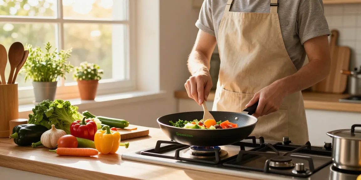 Kochen mit einer PTFE freien Pfanne von GreenKitchen, die frische Zutaten und gesunde Zubereitung von Mahlzeiten zeigt.