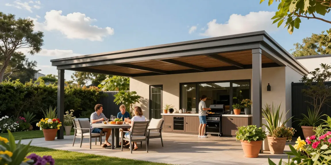 Terrassenüberdachung freistehend mit Familie beim Grillen im Garten