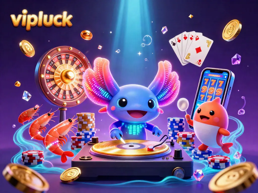 Engage with vipluck casino's vibrant gaming scene featuring a DJ axolotl, immersive gameplay, and sparkling wins.