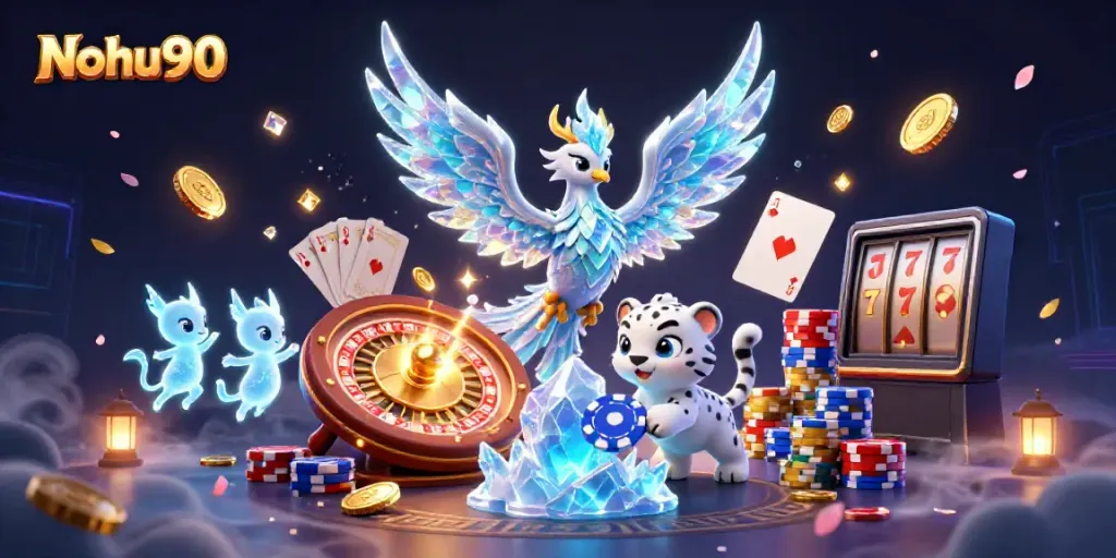 Nohu90 showcases a vibrant scene with an ice phoenix, glowing sprites, and dynamic casino elements to enhance the gaming experience.