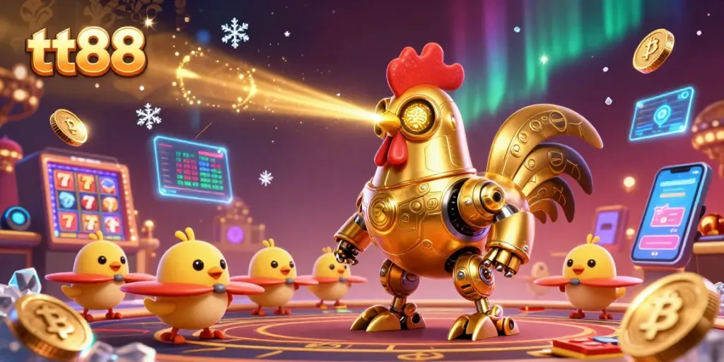 Engage with tt88 in a vibrant 3D casino scene showcasing dynamic gaming elements and playful characters.