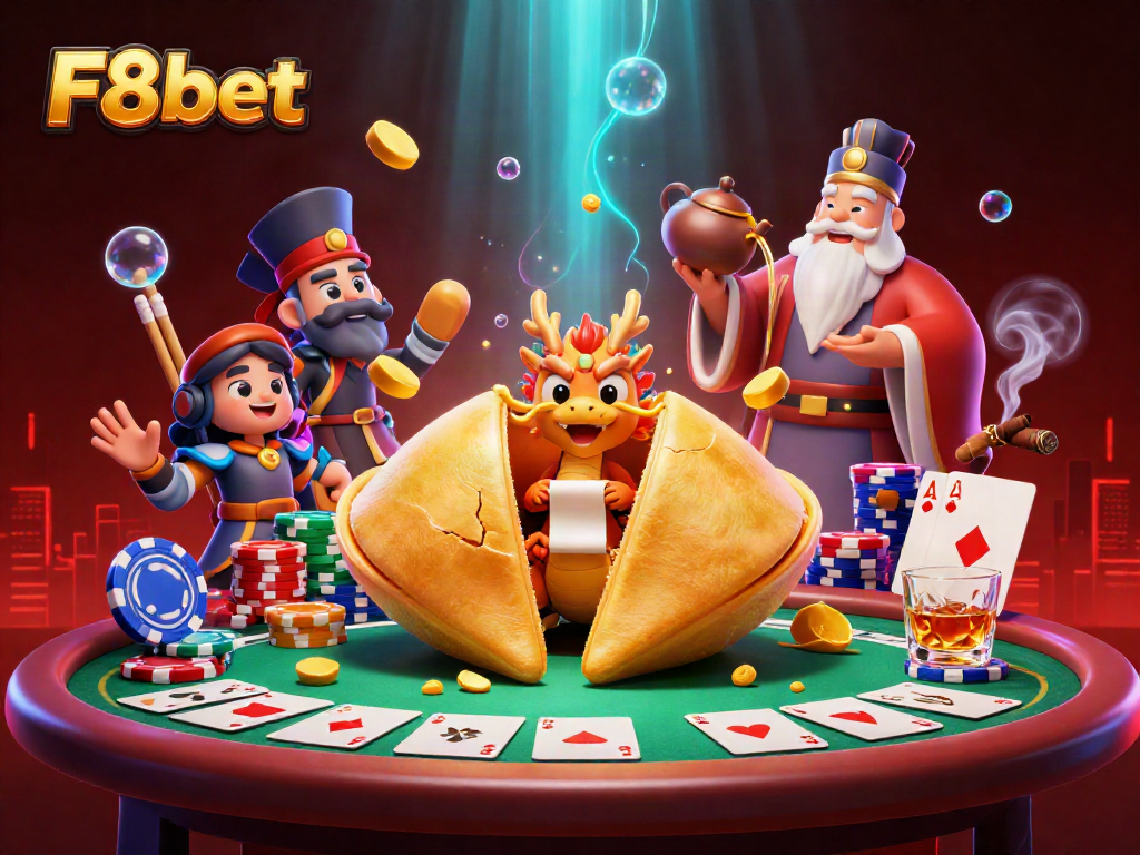 Engage with F8bet at a vibrant 3D casino scene, featuring a golden fortune cookie and lively gaming elements.