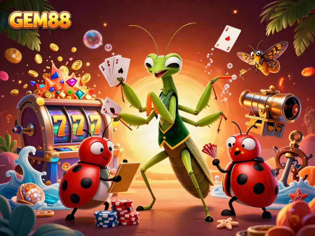 Engage with GEM88 as the giant praying mantis deals cards amidst vibrant slot game elements and underwater treasures.