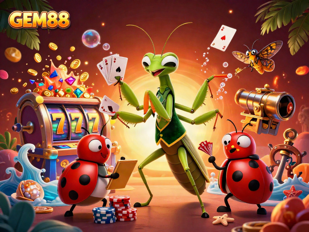Engage with GEM88 as the giant praying mantis deals cards amidst vibrant slot game elements and underwater treasures.