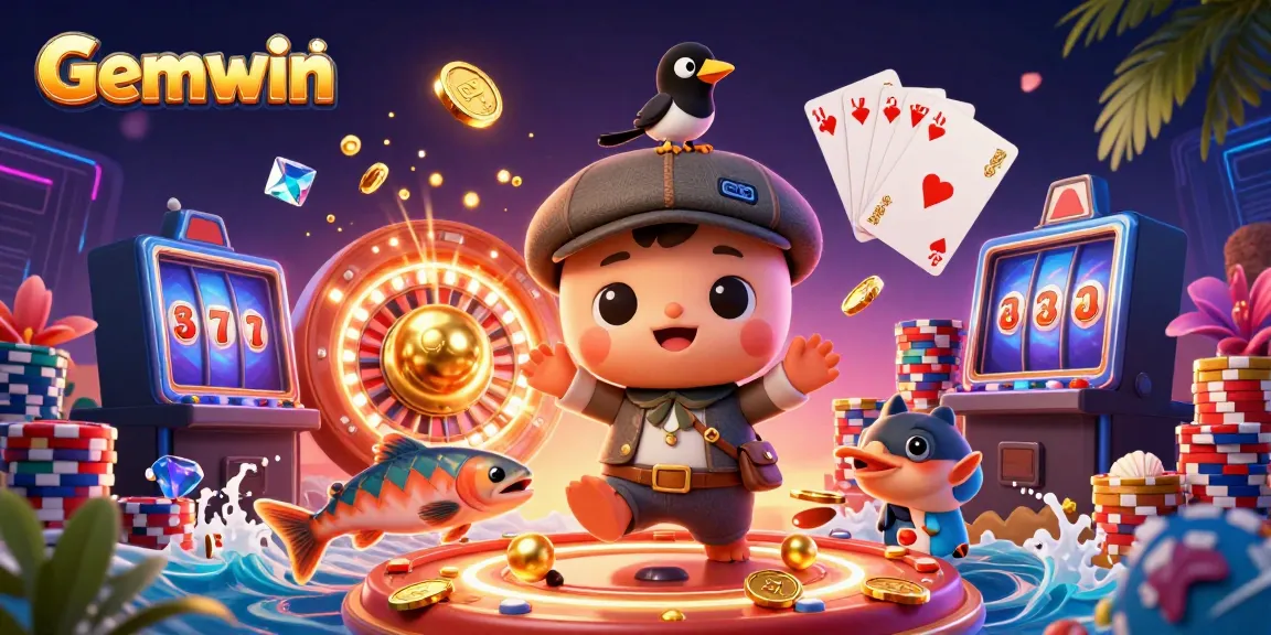 Join the fun with Gemwin's vibrant casino scene featuring lively characters and dazzling jewels.