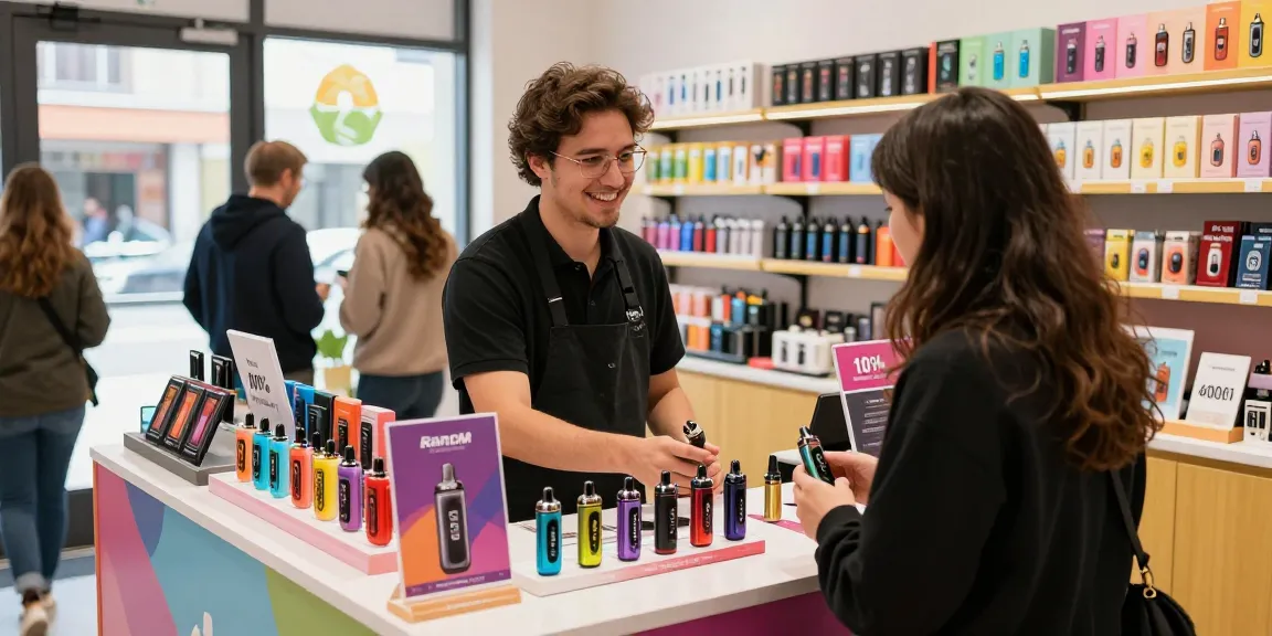 Erlebe den RandM Tornado Vapes Shop mit bunten Vapes und Aktionen.