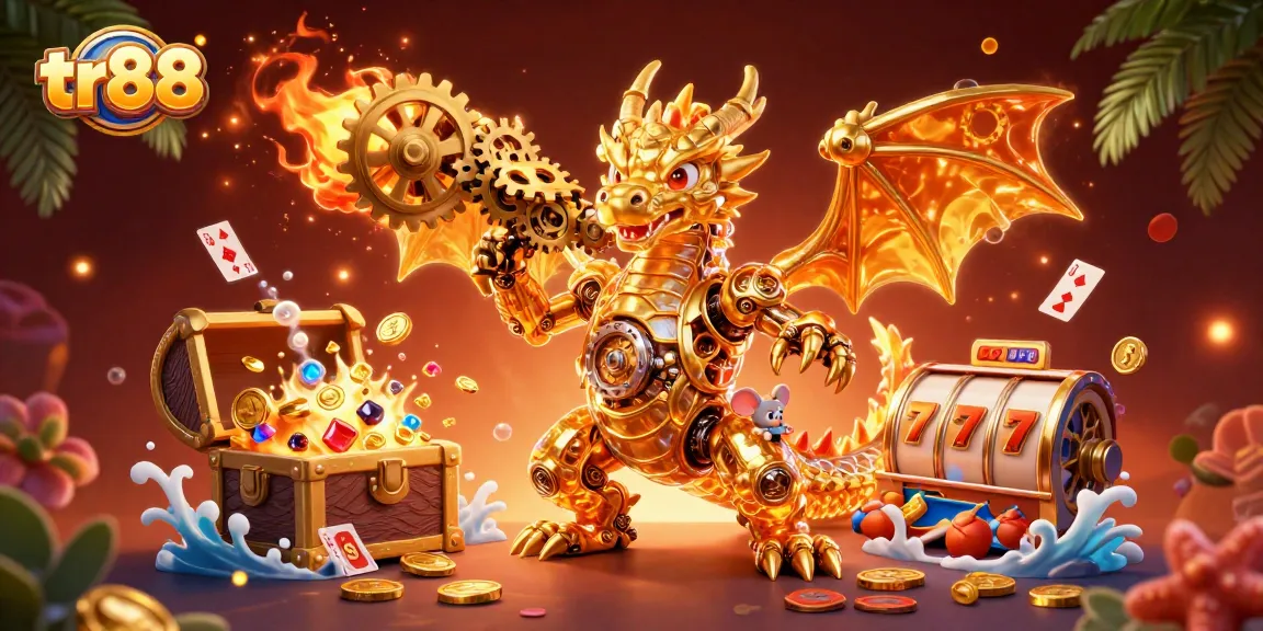 Engage in thrilling gaming at tr88 with an exciting golden dragon scene full of treasure, slot reels, and vibrant elements.
