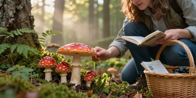 Fliegenpilz kaufen: Entzückende Szene mit Amanita Muscaria im Wald, Person untersucht Pilze.
