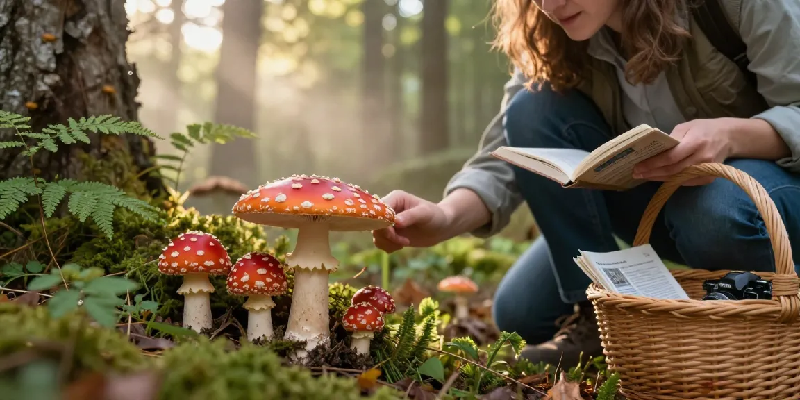 Fliegenpilz kaufen: Entzückende Szene mit Amanita Muscaria im Wald, Person untersucht Pilze.