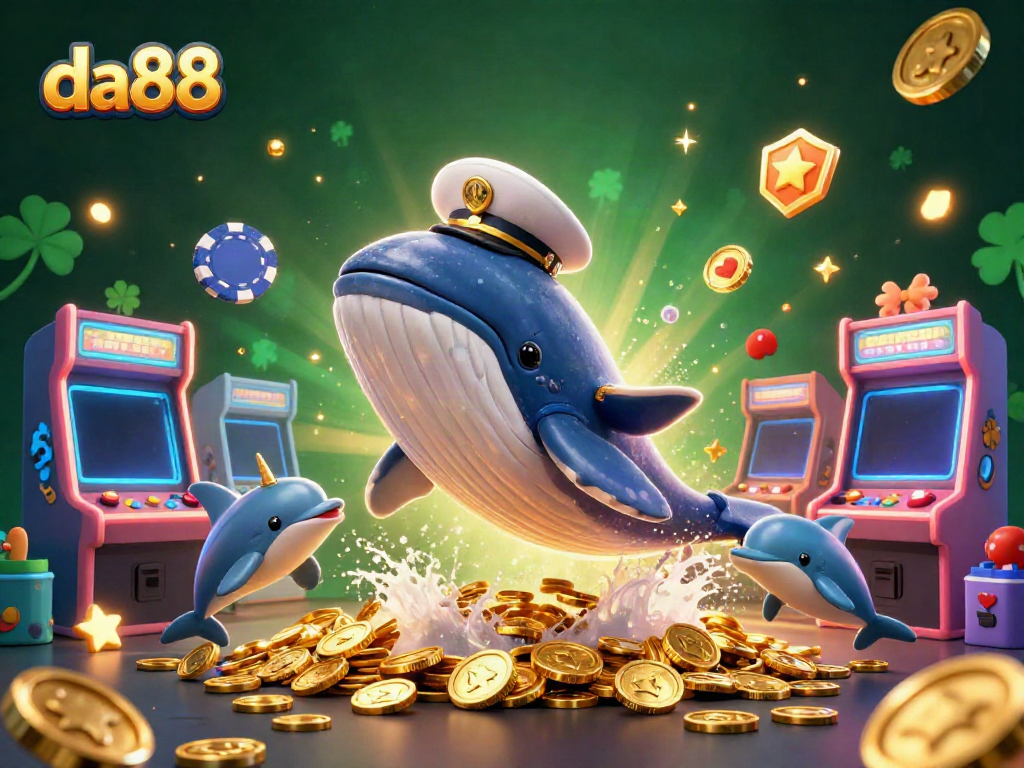 Experience the excitement of da88 featuring a whimsical 3D whale and dolphin duo in a vibrant casino-themed illustration.