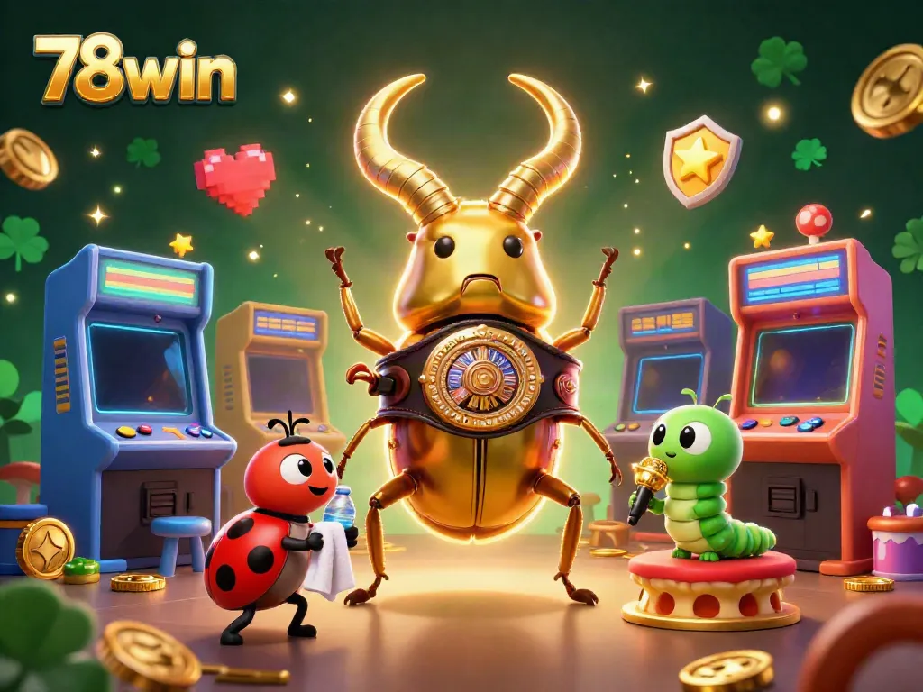 Engage with 78win in this vibrant casino scene featuring a golden stag beetle champion and gaming elements